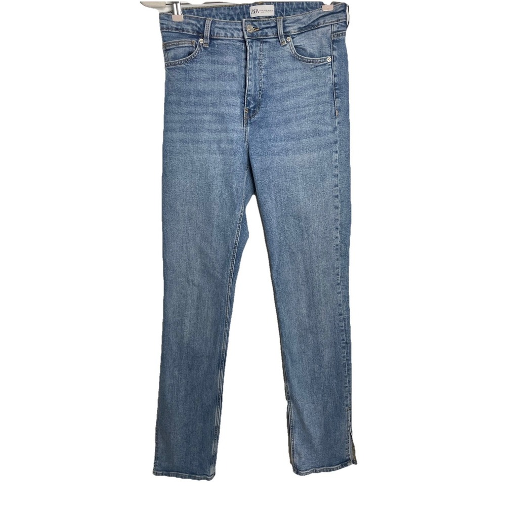 Zara Women's Blue Slim Straight Jeans Outer Side Slit High Waist Size 10